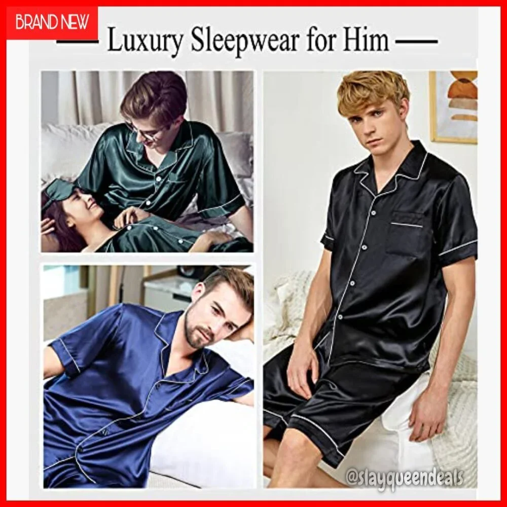 Men's Satin Silk Pajama Set Short Sleeve Button-Down Lounge Wear with Pockets